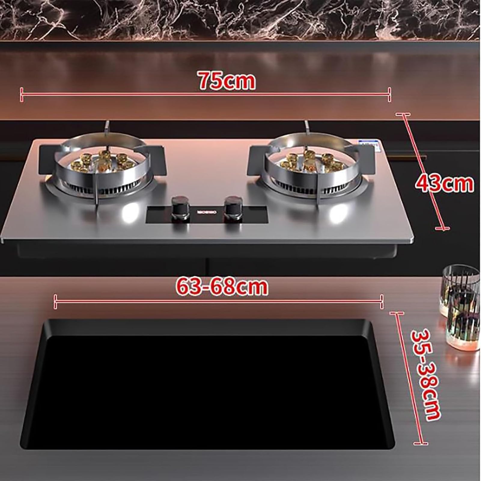 THEGA Fornello A Gas 8,5 KW, Cucina A Gas 2 Fuochi - Cucina A Gas con Temporizzazione Indipendente Intelligente Bilaterale, Cucina A Gas con Doppia Protezione di Sicurezza(NG)