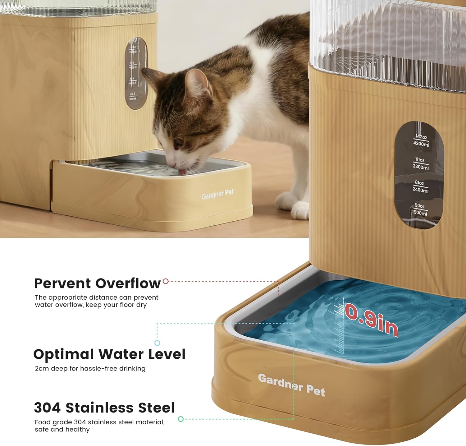 Gardner Pet 2.2 Gallon Automatic Dog Water Bowl Dispenser 8.5L Gravity Water Feeder with Stainless Steel Bowl & Maifan Stone Filter, BPA-Free for for Cats and Dogs (Brown, 2.2 Gallon)