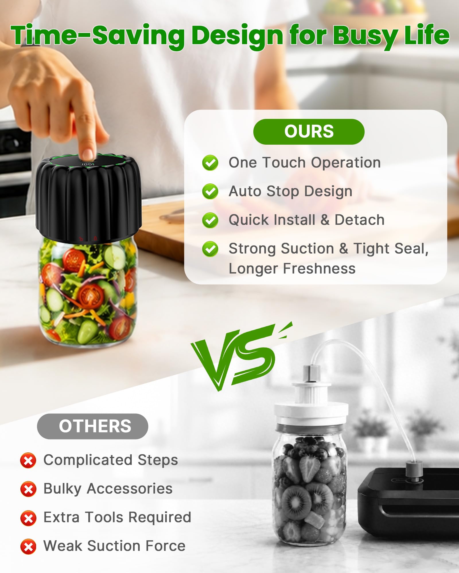 Kit de scellage sous vide pour bocaux Mason électriques avec 10 couvercles, système d'arrêt automatique sans fil pour le stockage des aliments, la cuisine, le camping