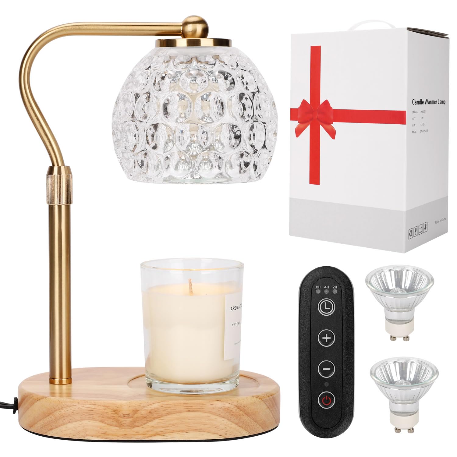 Candle Warmer Lamp, Vintage Glass, with Timer & Dimmer Candle Warmer Height Adjustable,Candle Lamp for Bedroom, Candle Warmer with 2 * 50W Bulbs for Home Decor Gifts (Gold)