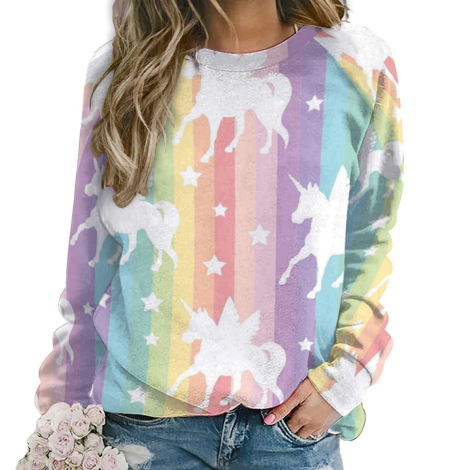 Cmagnifico Women's Unicorn Pattern Rainbow Casual Jumper, Sweatshirts For Crewneck Long Sleeve Top