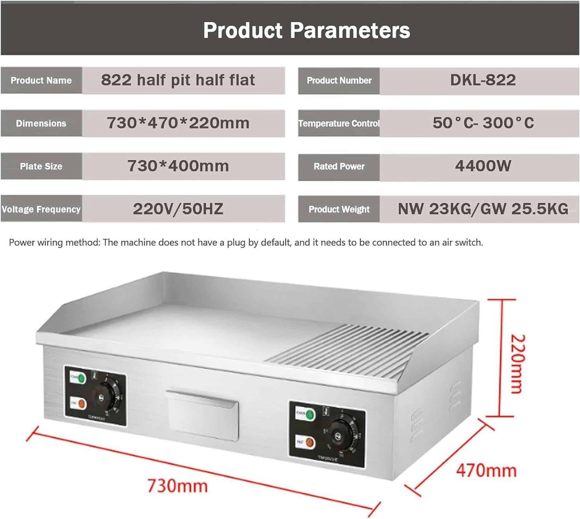 Piastra Elettrica in Acciaio Inox Antipasto Professionale Piastra di Cottura Elettrica Anti-Schizzo, Griglia Plancha Elettrica con Superficie 66x40cm/73x40cm da 50℃ a 300℃ per Casa Lesterno-1pc