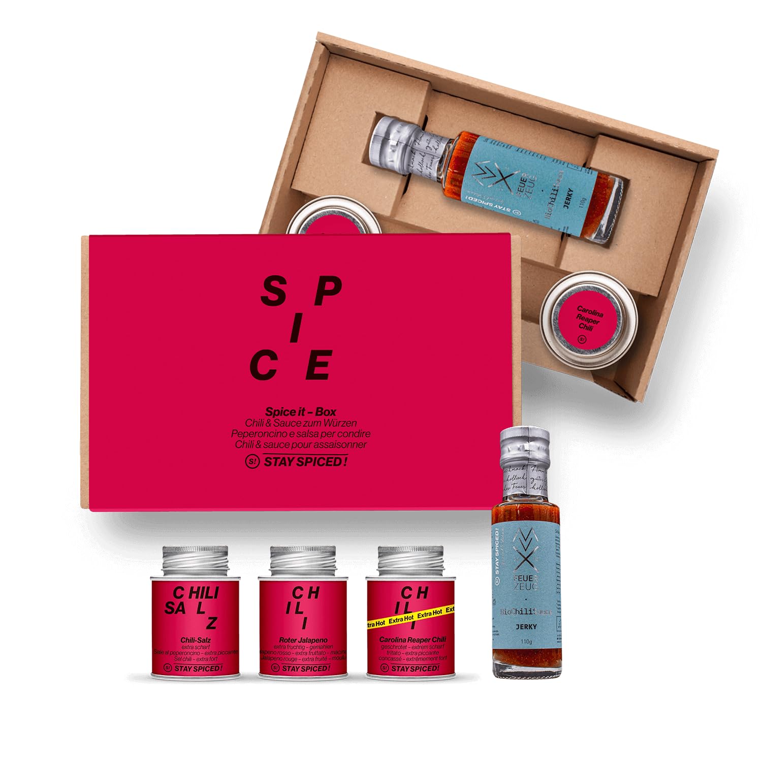 STAY SPICED! Spice It | Premium Geschenkbox mit 3 Chili Gewürzen & Sauce