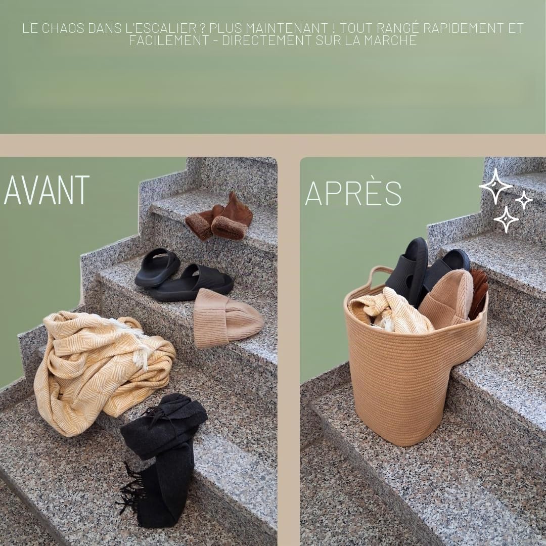 Panier d'escalier en coton solide beige - Pour plus d'ordre dans la maison - Panier à marches, sac d'escalier, forme de L, beige
