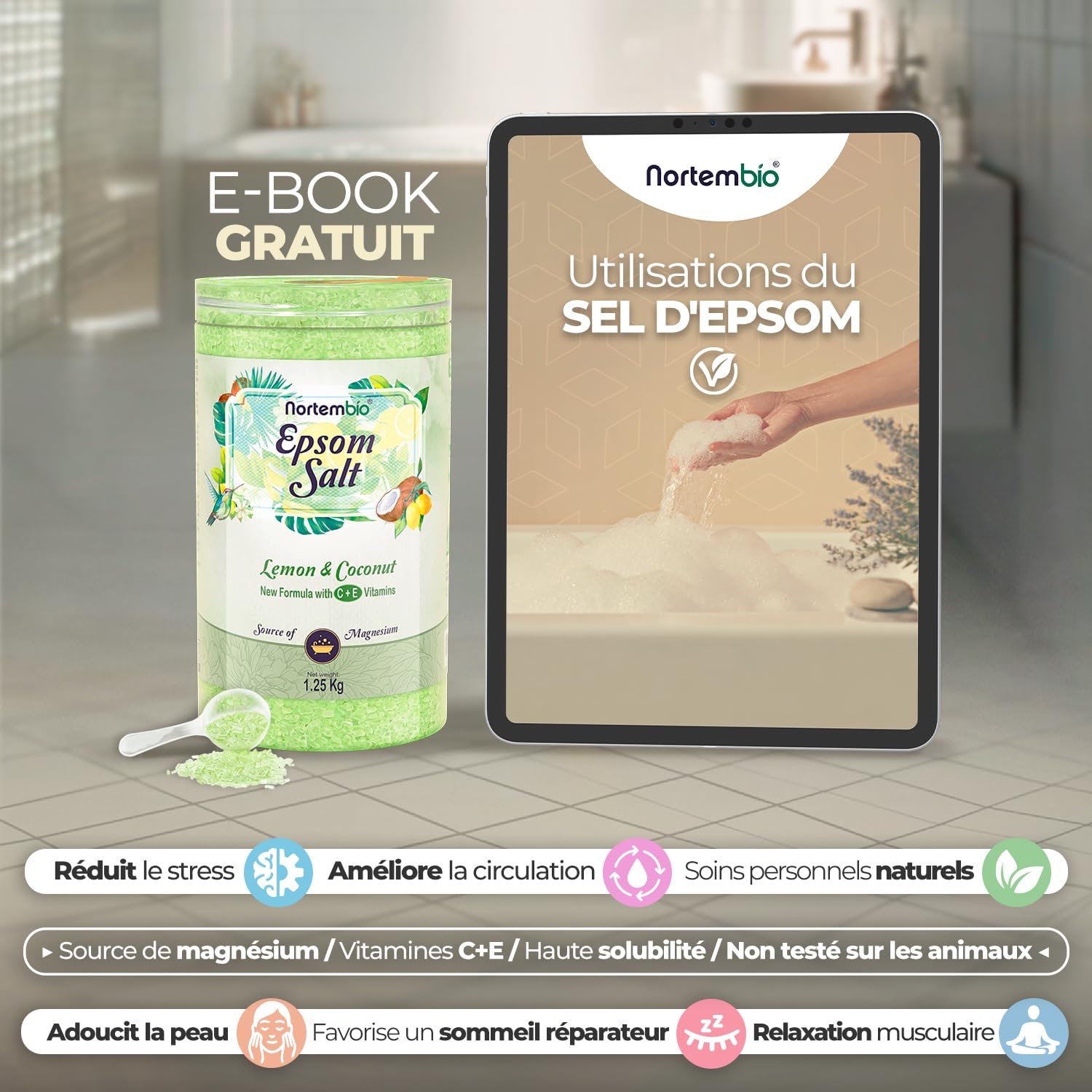 Nortembio Sels d'Epsom Parfumés 6 kg Sel de Bain au Magnésium, Vitamines C & E | Bain de Pieds, Spa Maison, Relaxation et Bien-être | Parfum au Choix + eBook Gratuit (Noix de Coco Tropicale)
