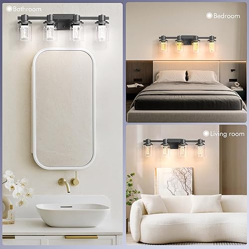 Miniatura 8 de Quntis Lámparas de baño negras de 4 luces con 5 modos de color, lámpara de tocador moderna regulable de 27 pulgadas sobre espejo, lámpara de pared