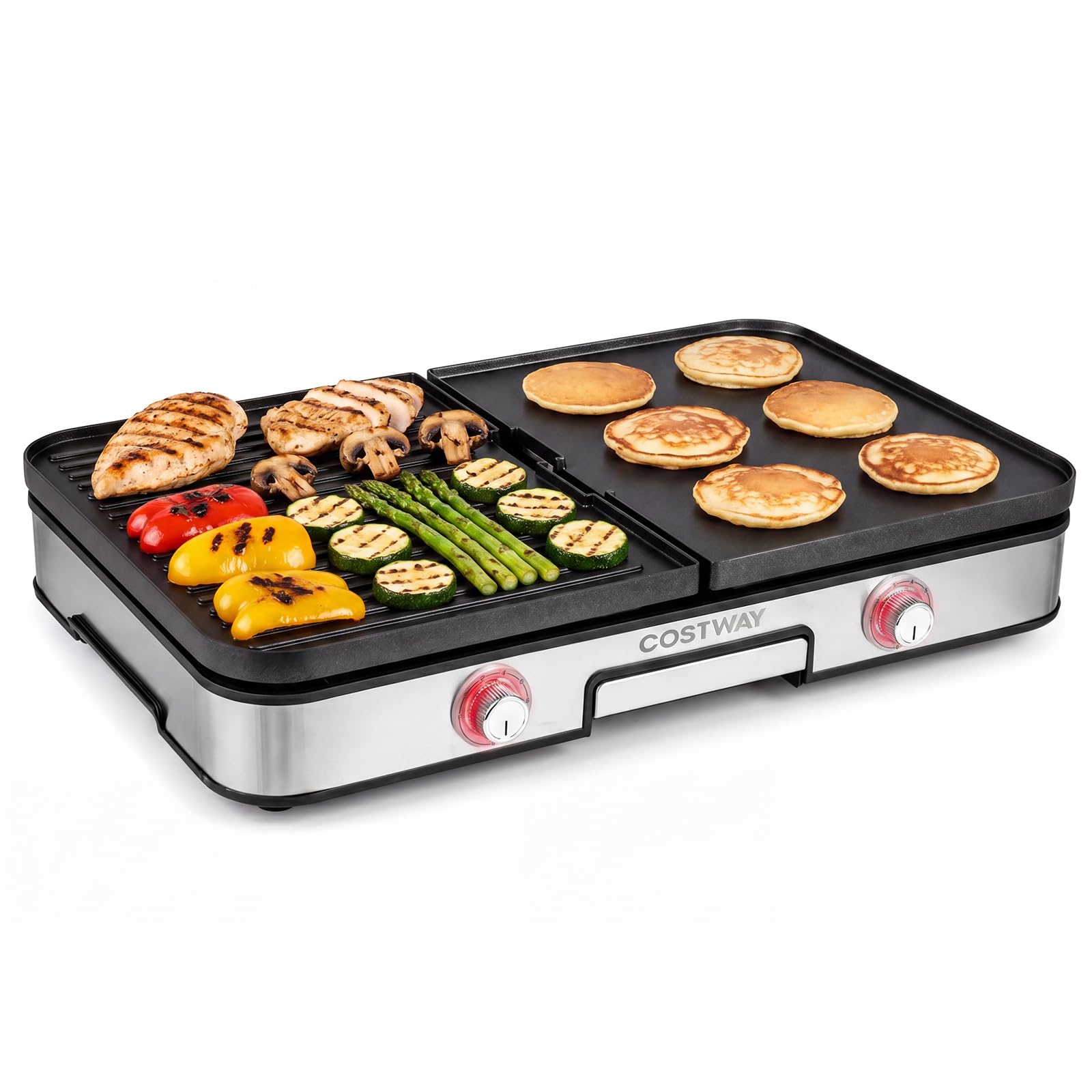 COSTWAY 3 en 1 Plancha Électrique 2000W, Double Zone, Plancha Grills avec 2 Plaques Réversibles, Protection Contre les Éclaboussures, Bac à Graisse Amovible, pour Intérieur et Extérieur