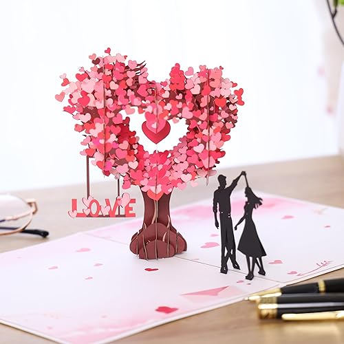 Miniatura 3 de Tarjetas de aniversario desplegables en 3D con corazones de árbol del amor para esposa, marido, ella, él, pareja, tarjeta de boda emergente,