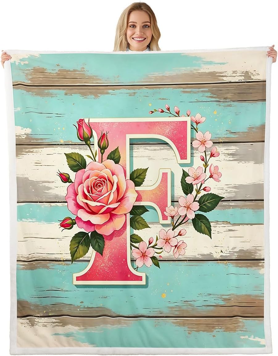 Erosebridal Floral Flowers Kids Throw Blanket, Personalized Initial F Fleece Blankets Spring Fresh Style Boys Girls Sherpa Blanket Rustic Wooden Decor for Sofa Bedroom,Baby Size