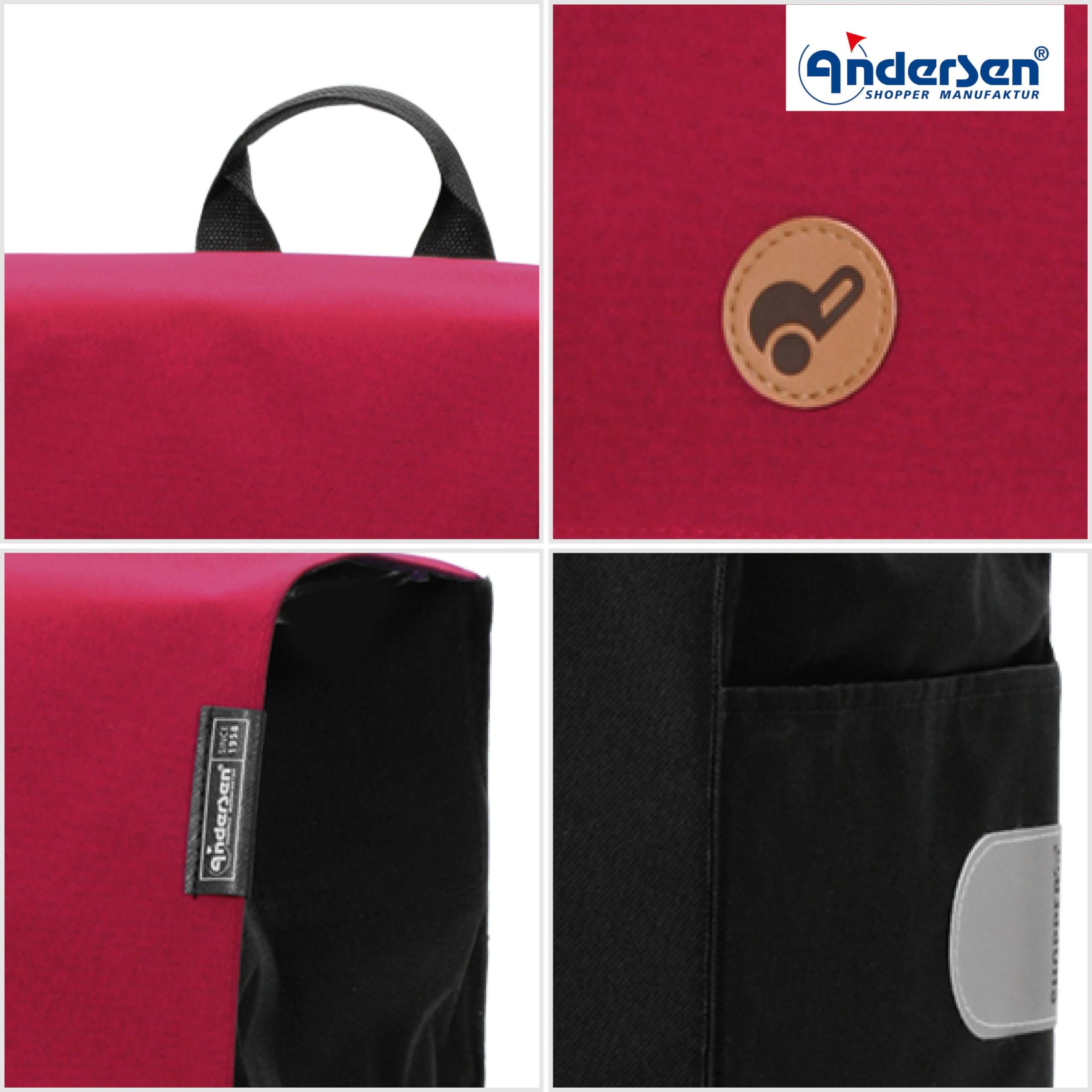Andersen Shopper Scala stal z koo Ø 15 cm i 47 litrów torba Hera czerwony | Z kółkami, składany, ze stali, do 40 kg – kieszeń z kieszenią boczną, kieszenią wewnętrzną, odblaskami, 47 l