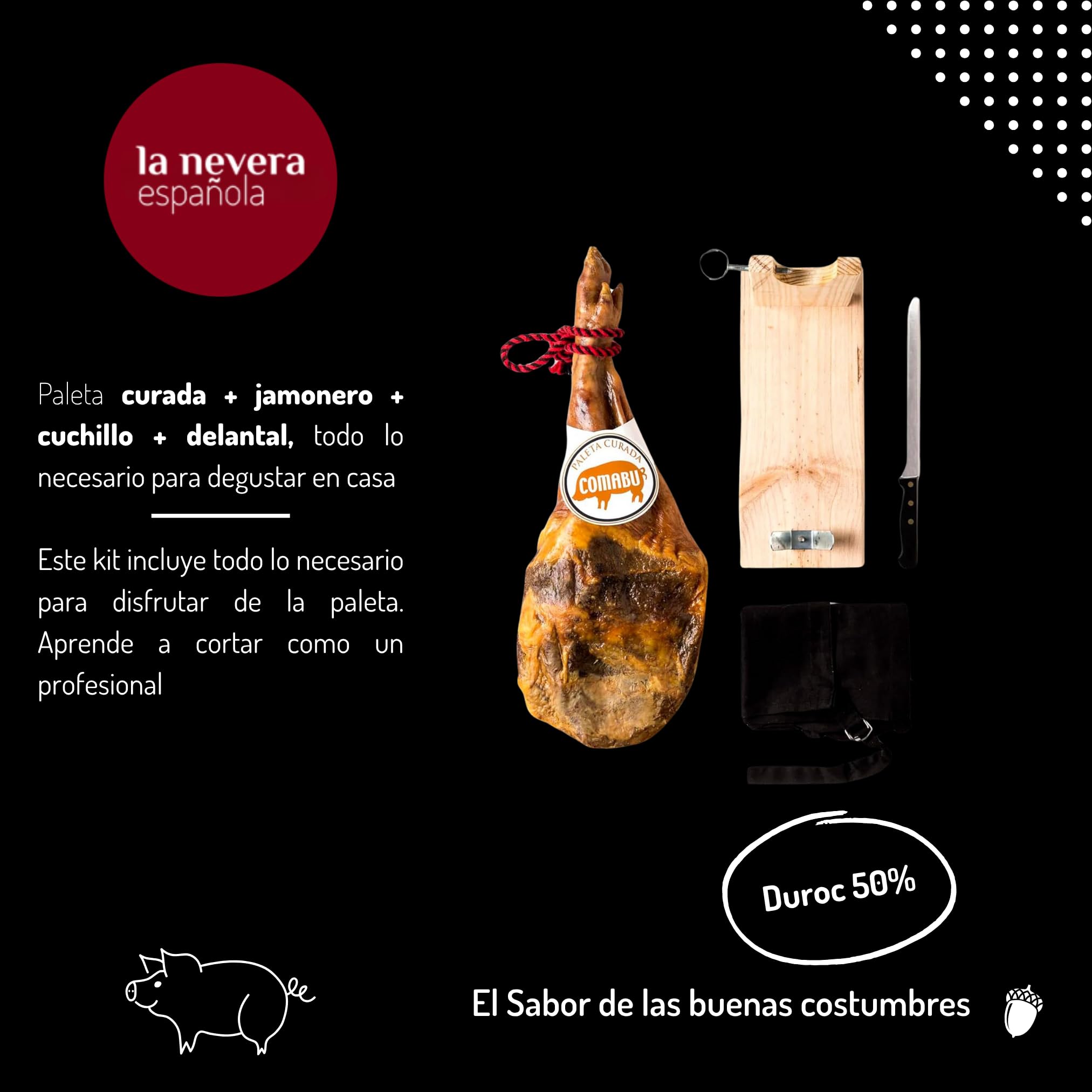 La Nevera Española | Paleta Curata, Porta Prosciutto, Coltello e Grembiule | Peso 4,5 KG | Curación Minima 10 Mesi | Prosciutto Comabu | Il Prosciutto della Nevera Española