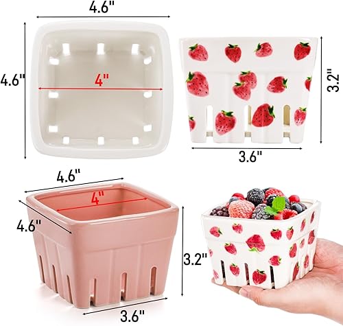 Miniatura 2 de Paquete de 4 cestas de bayas de cerámica, cuencos cuadrados de frutas de 4.6 pulgadas con agujeros, recipientes de bayas rosas y blancas para