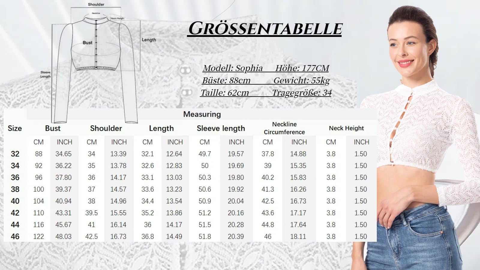 Exklusive Trachtenmode Dirndlbluse Damen Langarm Weiß 3/4Ärmel