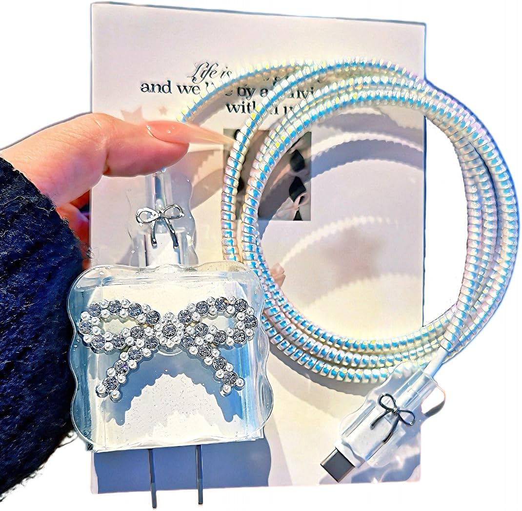 Diamond Charger Cover for iPhone Cord Protector with Glitter Cute Bow Tie Design,Soft Girly Bling Charging iPhone iPad Charger Protector,Kawaii Data Cable Saver for iPhone 18W/20W Charger