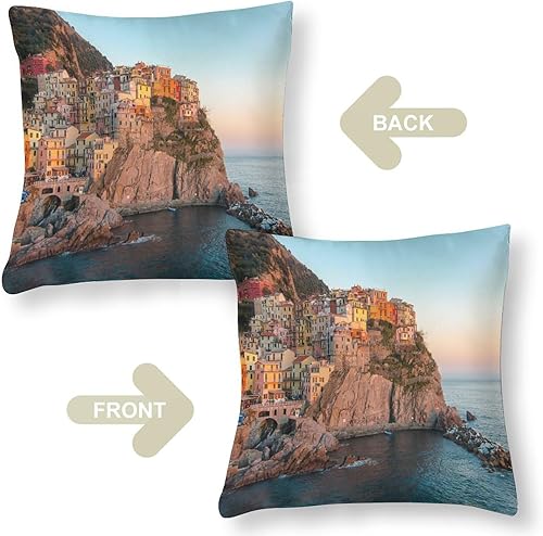 Miniatura 10 de Fundas de almohada decorativas de 18 x 18 pulgadas, fundas de almohada cuadradas de satén de la ciudad de Amalfi para sofá, dormitorio, sala de