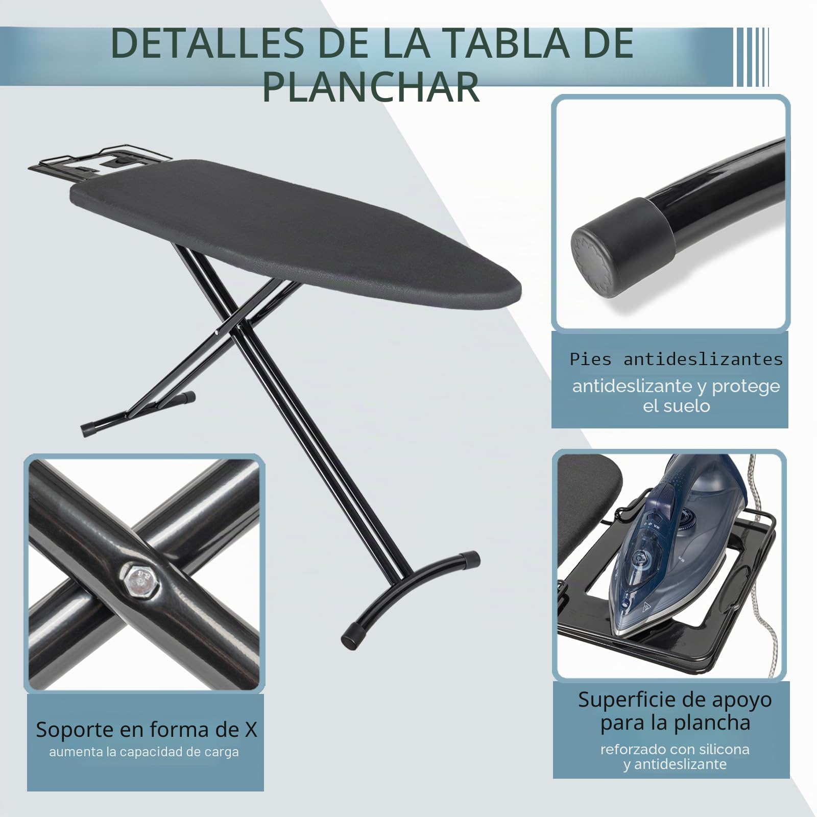 OUUTMEE Tabla de Planchar de 122 x 38 cm, Plegable, con Soporte para Plancha, Altura Ajustable, Patas Antideslizantes, Ahorra Espacio, Color Negro