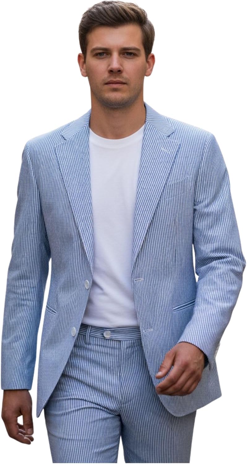 HBDesign Men's Striped Seersucker Tailored Slim and Light Men's Casual Single Suit Jacket