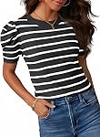 Dokotoo Women's Puff Short Sleeve Knit Tops 2026 Trendy Crewneck Striped T Shirts Casual Summer Blouses
