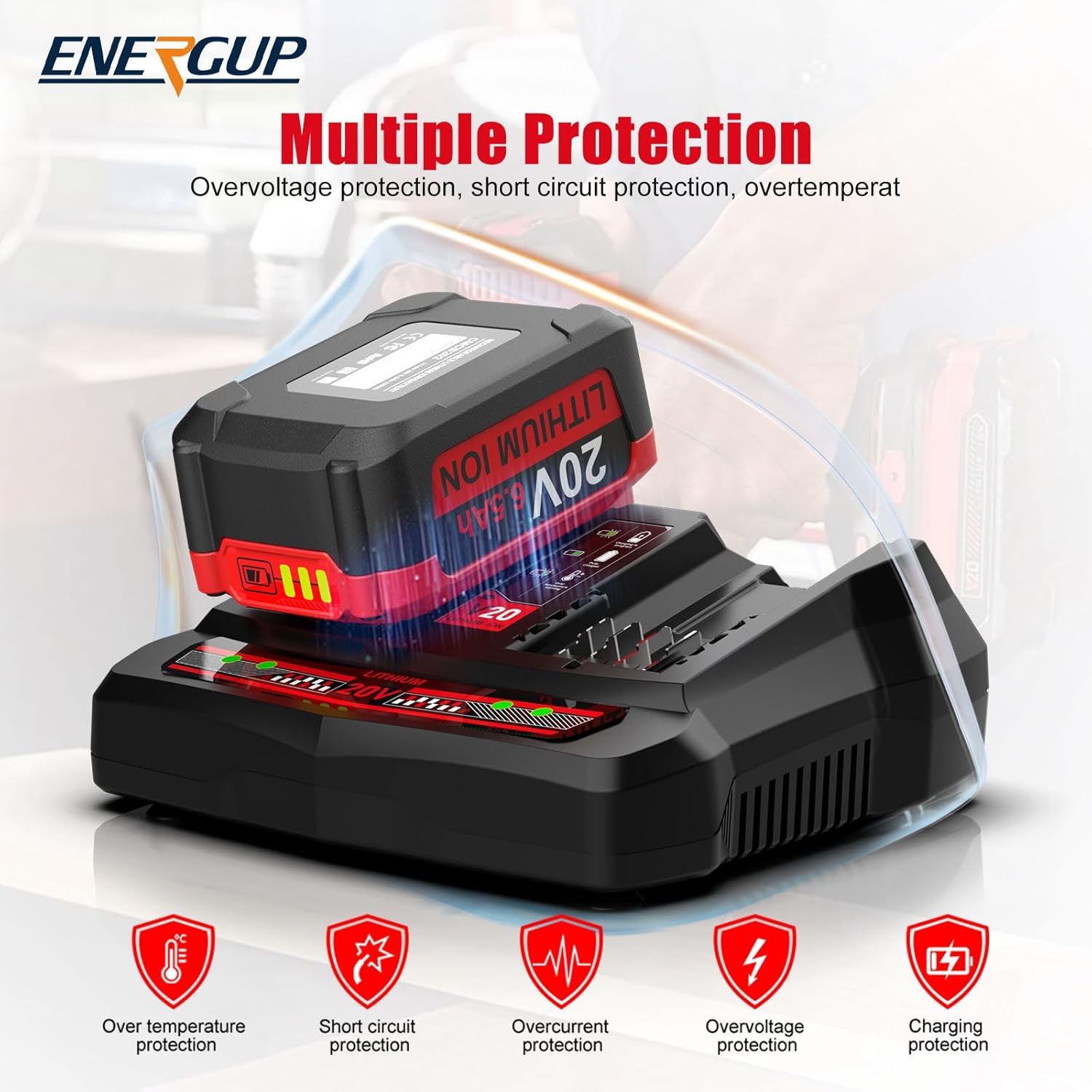 2Pack 20V 6500mAh Replace for Craftsman V20 Lithium Battery and Charger Kit, for CMCB202 CMCB204 CMCB206 CMCB201 CMCB100 CMCB124, with Dual CMCB104 Battery Charger for Craftsman 20V Battery - Image 5