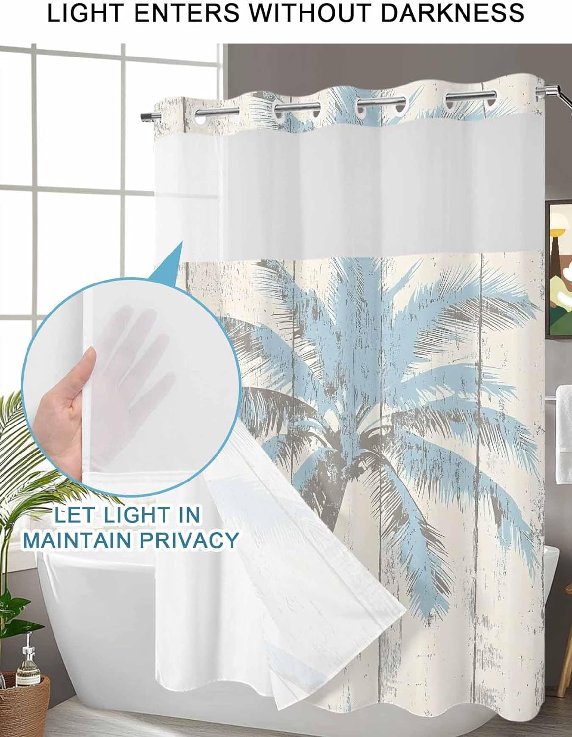 Prime Leader Palm Trees No Hook Shower Curtain with Snap in Liner Light Blue Vintage Wood Grain Shower Curtain for Bathroom, Fabric Waterproof Inner Liner with Mesh Top Window, 72x72
