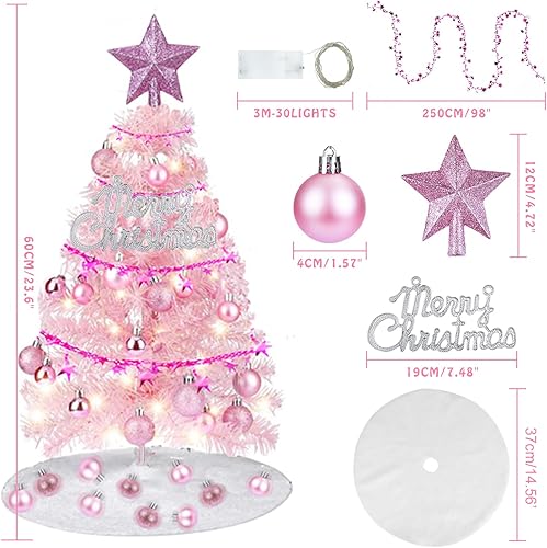 Miniatura 3 de Mini árbol de Navidad de 23.6 in, árbol de Navidad artificial con adornos colgantes, falda de árbol de Navidad, bola de Navidad, árbol de Navidad de