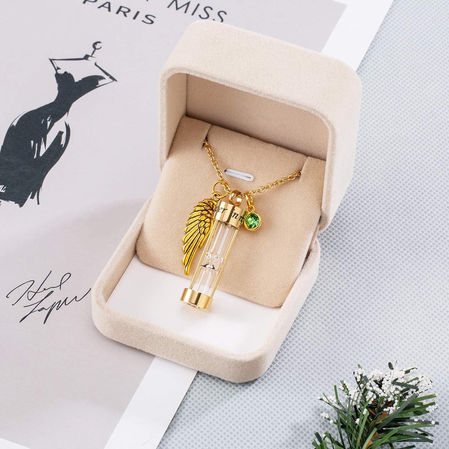 PREKIAR Cremation Urn Necklace for Ashes Timeless Hourglass Memorial Pendant Keepsake Jewelry for Human Pet Ashes with 12 Birthstone Angel Wing - Image 6