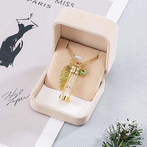Miniatura 6 de PREKIAR Collar de urna de cremación para cenizas en forma de reloj de arena con dije de recuerdo 12 piedras de nacimiento y un ala de ángel