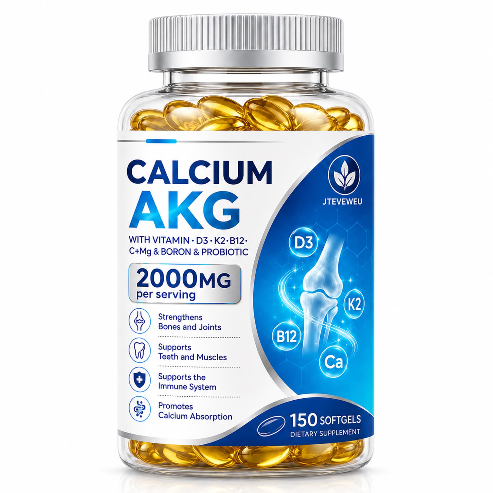 Calcium AKG Supplement 2000mg - 150 Softgels with Vitamin D3 & K2 Softgels for Women & Men │ High Absorption│Calcium Supplements with Magnesium Glycinate, Boron, Probiotics & Vitamin C for Bone1