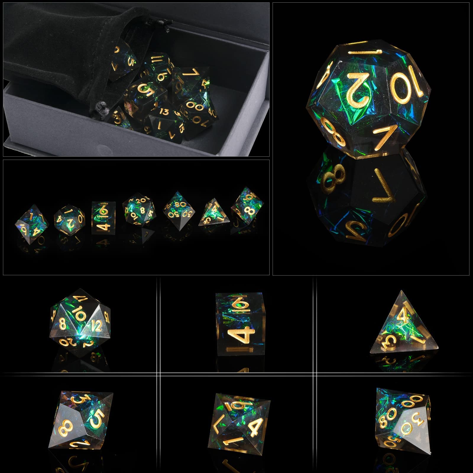DND Set di dadi fatti a mano, 7 accessori, dadi affilati per giochi TTRPG di Dungeons and Dragons, multifacciale, in resina poliedrica, con bordo affilato, giochi di ruolo, Shadowrun Pathfinder MTG