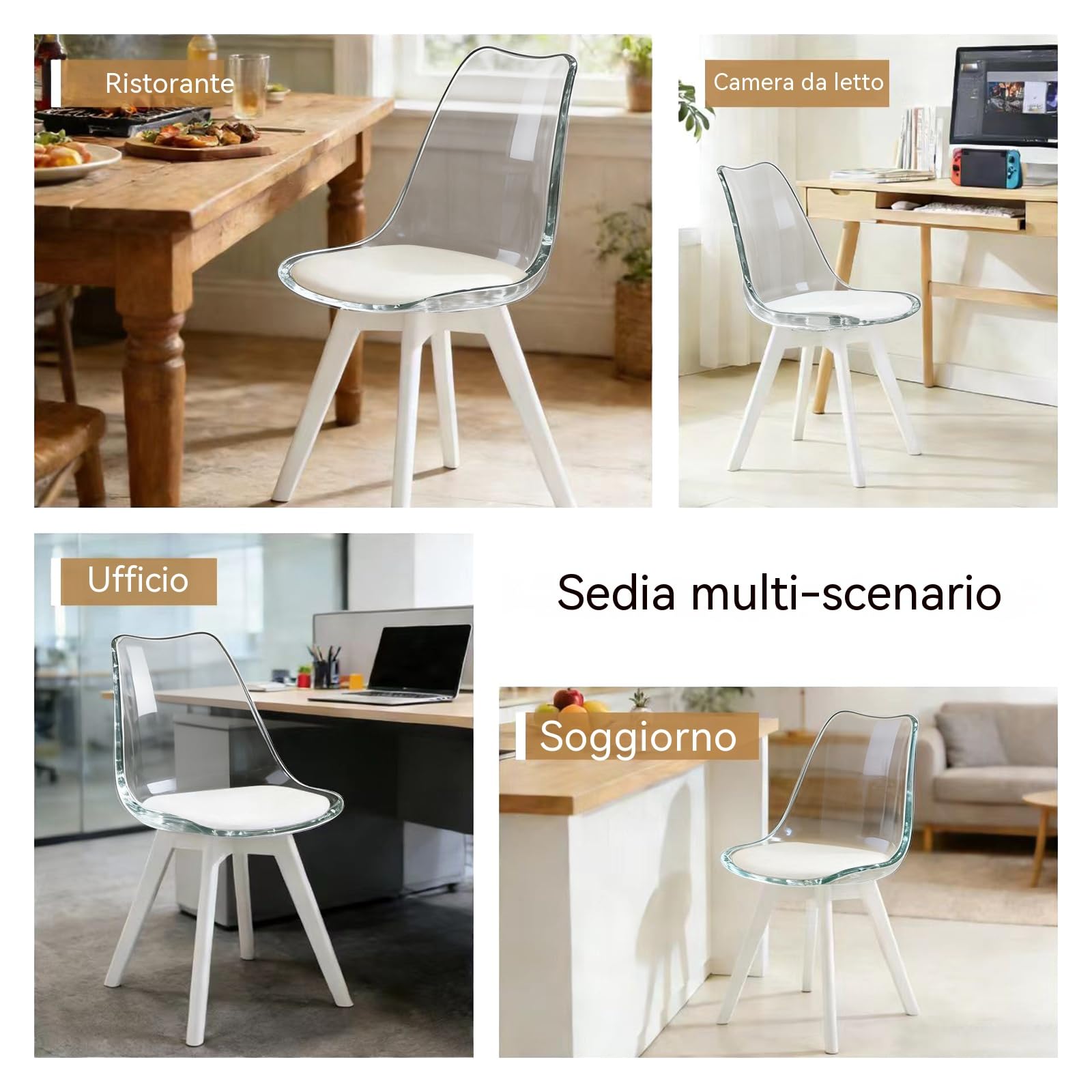 Set Da 2 Sedie Da Pranzo,Sedie Moderne Da Pranzo E Cucina Con Schienale Curvo,Sedie Decorative Imbottite(Bianco Trasparente)