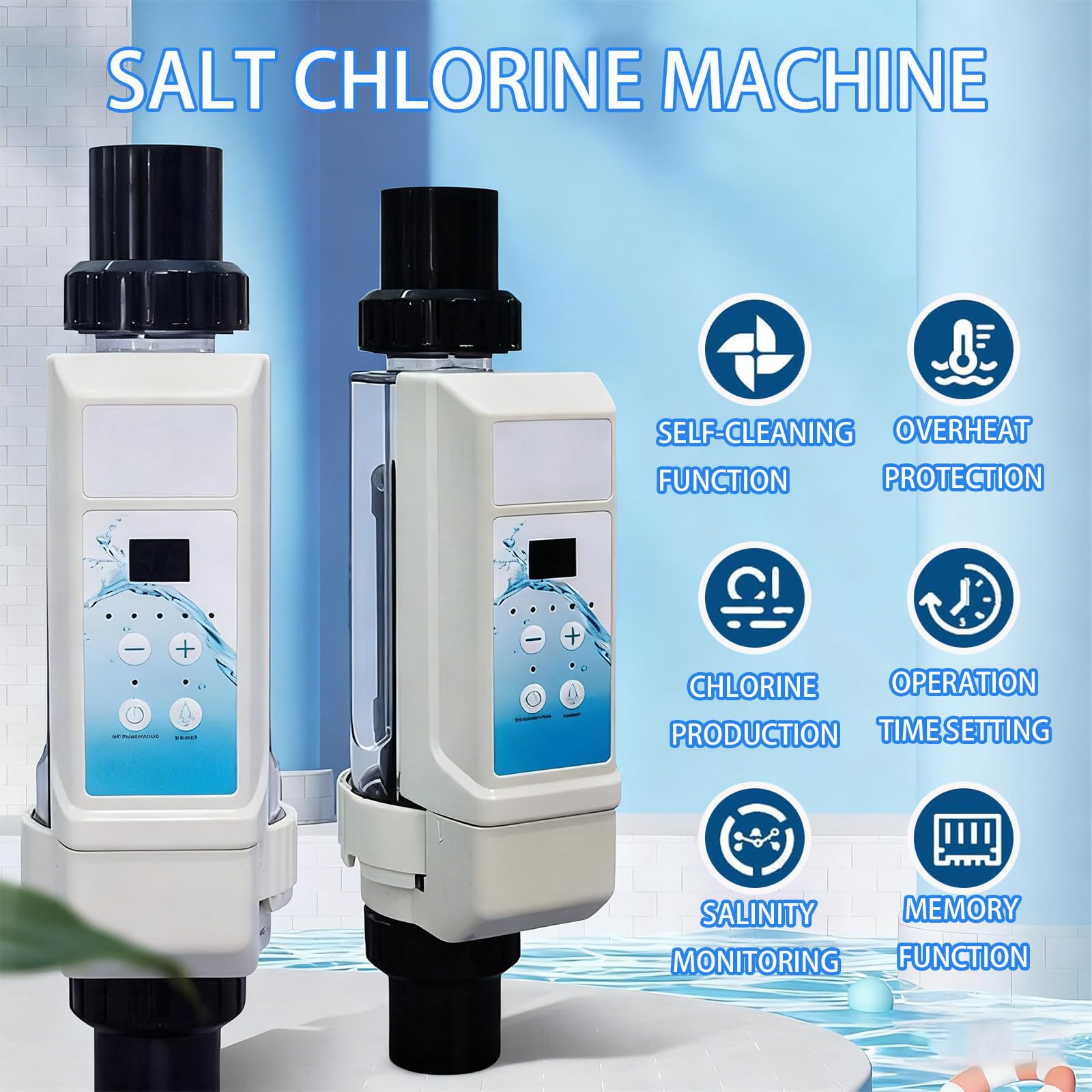 Clorador de Sal para Piscinas, Generador de Cloro con Función de Limpieza Automática, Panel LED, para Piscinas, Spas e Hidroterapia, Funcionamiento Sencillo 8g/h
