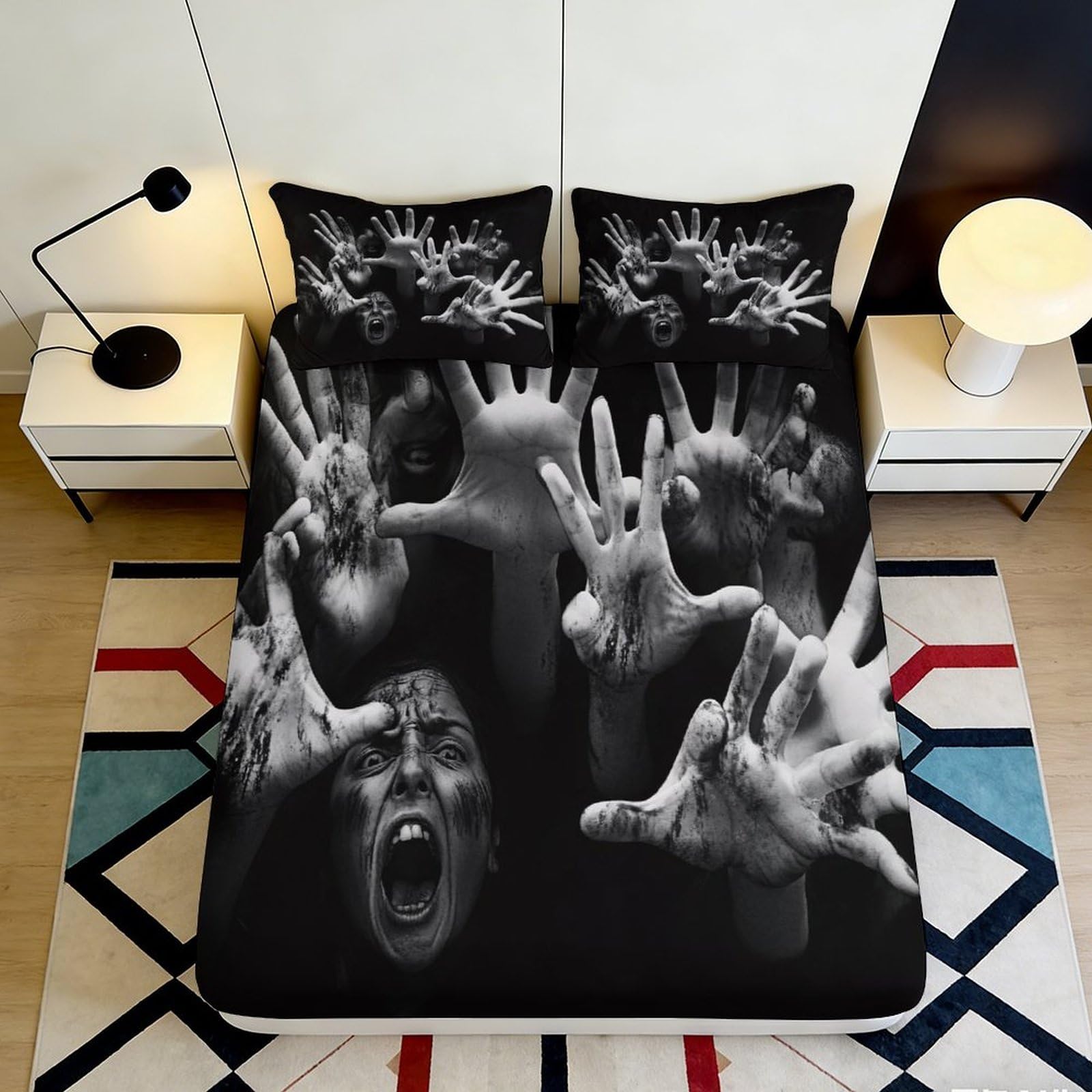 3D Printed Horror Scream Fitted Sheet Microfiber Black Ghost Hands Bed Cover for Bedroom Guest Room Decor 90x200x25cm