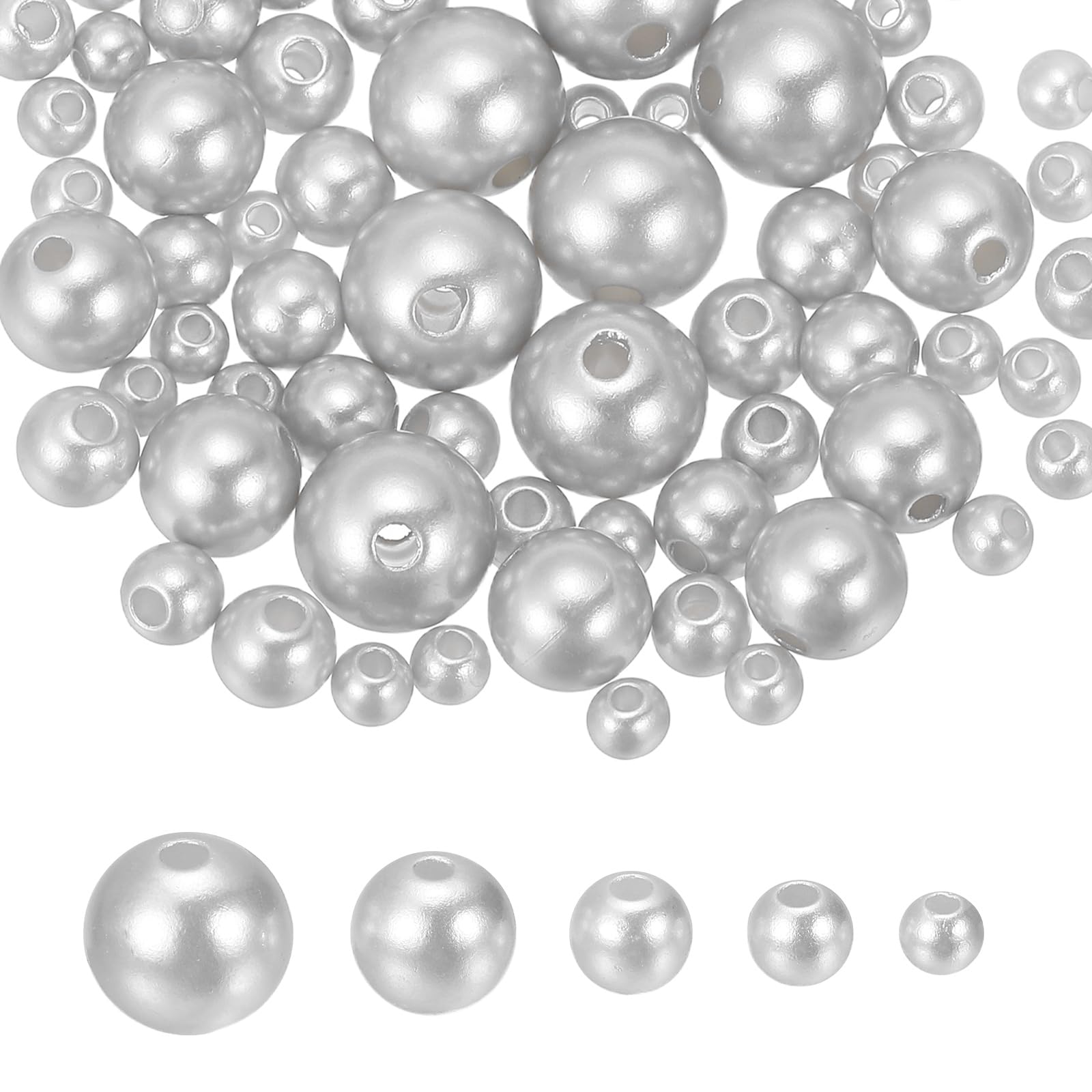 sourcing map 1064PCS Pearl Beads for Jewelry Making, 4/5/6/8/10mm Small Round Pearl Beads with Holes for Craft Bracelet Necklaces Vase Filler, Light Silver Grey