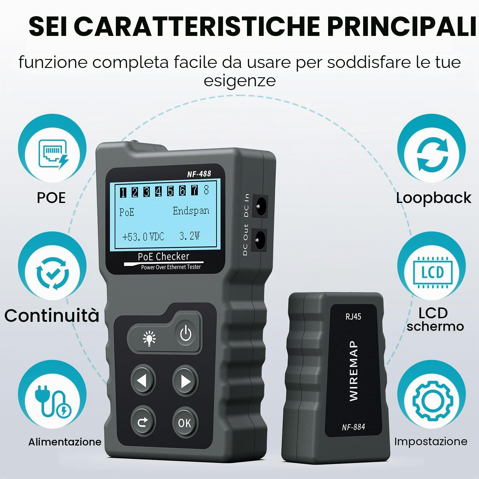 Noyafa Tester per Cavi di Rete con LCD Tester Lan con Funzione POE Test di Tensione e Corrente per Verificare lo Stato di Cortocircuito, Incrocio e Circuito Aperto dei Cavi di Rete, NF-488