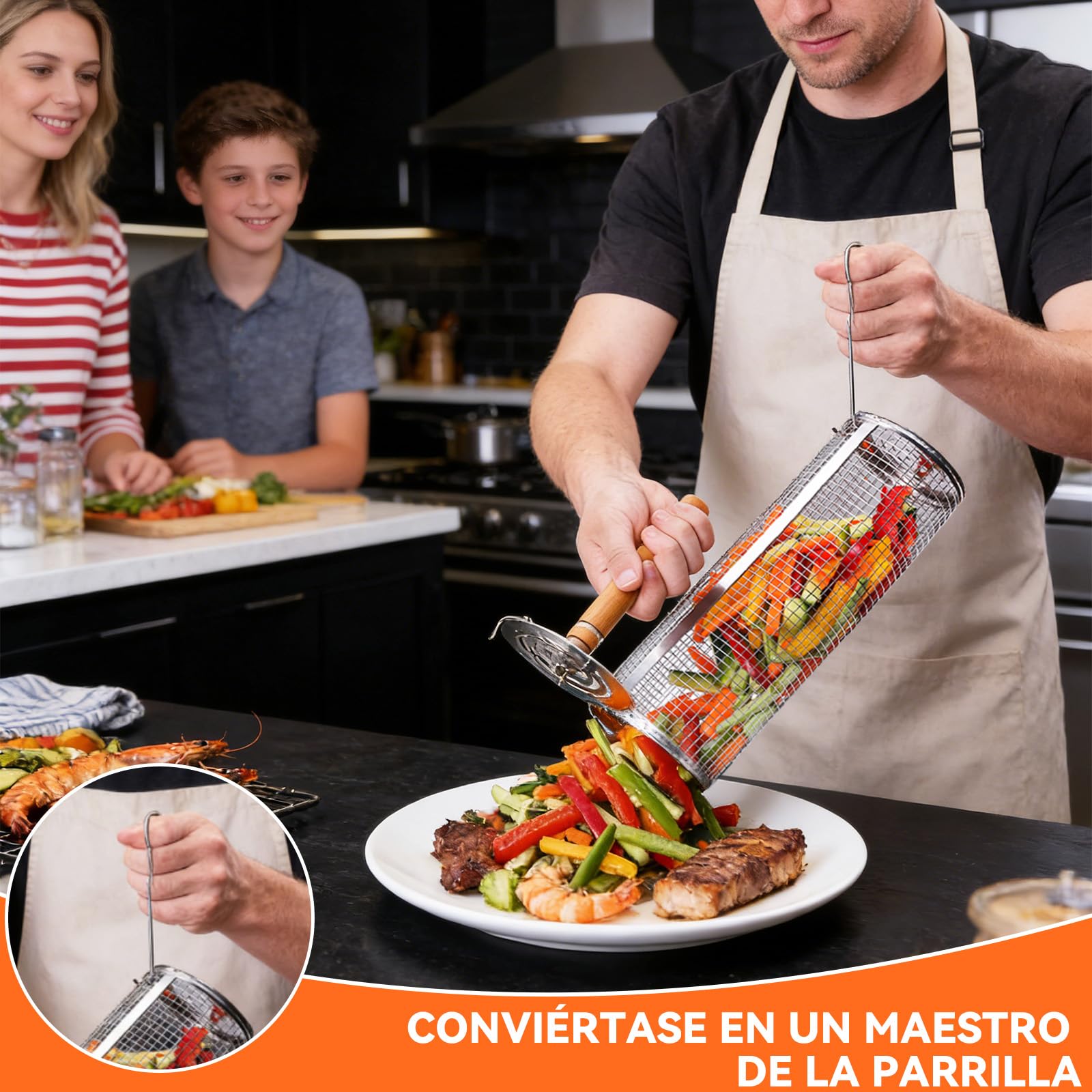 Juego de Cestas de Parrilla de Acero Inoxidable con Mango de Madera - 2 Cestas de Barbacoa Giratorias y Plegables, 31x10cm + 30x9cm, para Verduras, Carne, Pescado en Parrilla y Fogata - 5