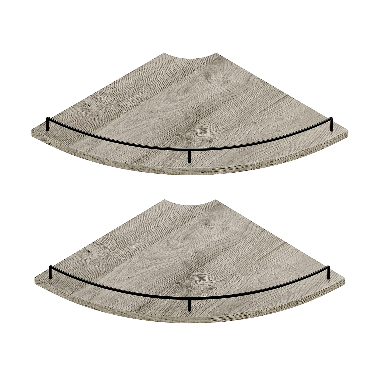 JJL Corner Shelf Wall Mounted, 12 Inches 2-Tier Floating Corner Shelf, Fan-Shaped Rustic Wood Decor with Fence, Gray Wood Grain Floating Shelves for Apartment Bedroom Kitchen Bathroom
