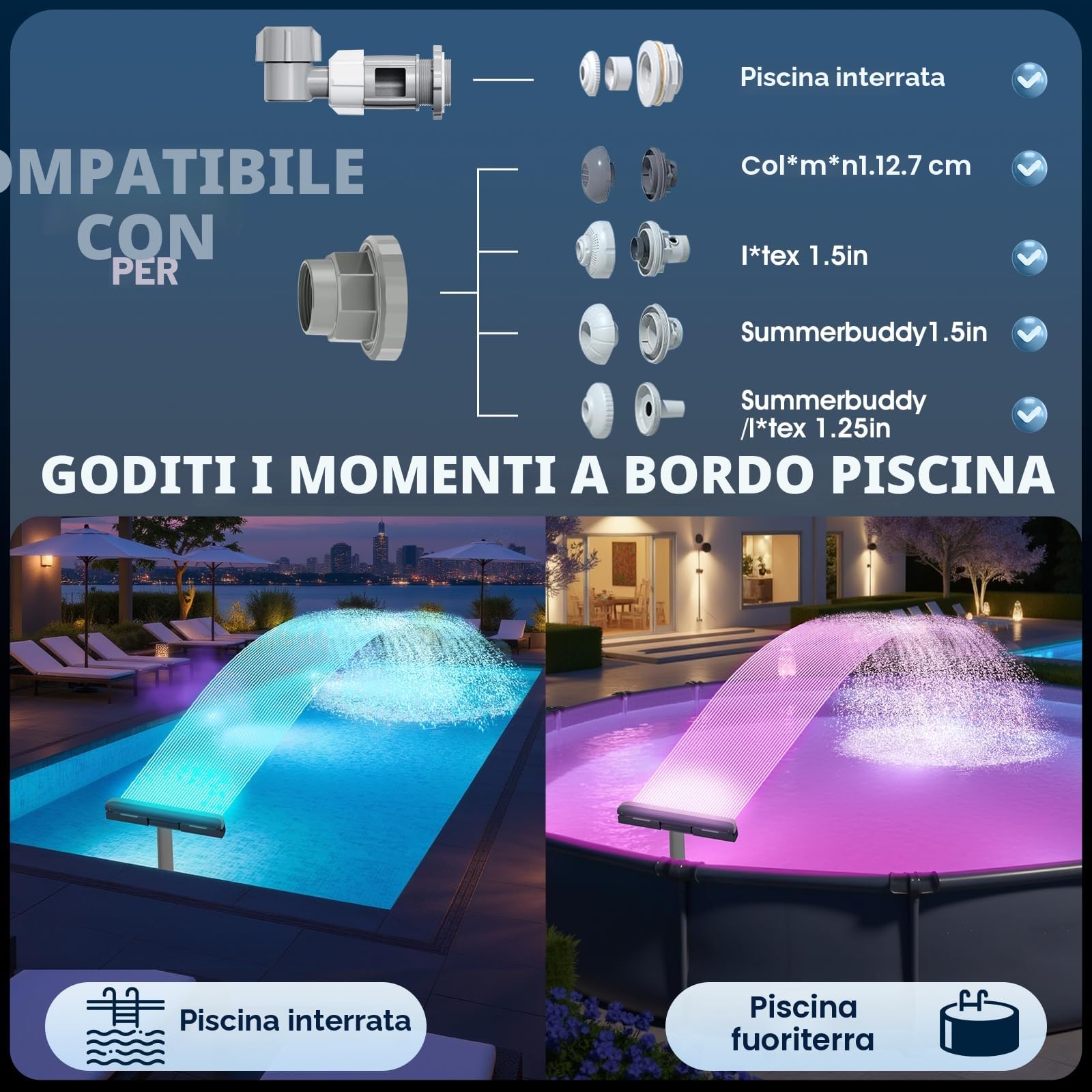 KingSom Cascata per piscina con luce LED, fontana con telecomando e bottoni, fontana per piscina all'aperto e piscina scavata-Viola