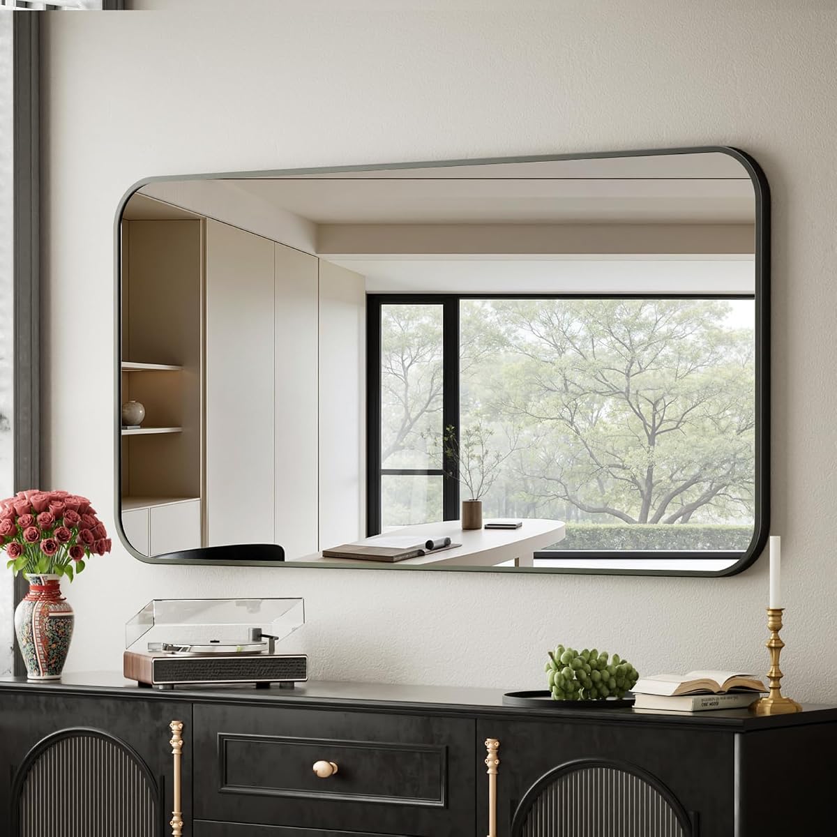 BEAUTYPEAK Espejo de baño rectangular montado en la pared con marco de aleación de aluminio de 26" x 38" con esquinas redondeadas, negro | Marco de aleación de aluminio con esquinas redondeadas.