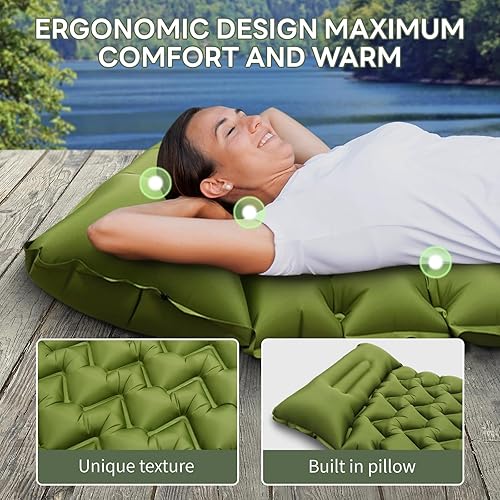 Miniatura 4 de Colchoneta de dormir para acampar con almohada, inflable, inflable, colchón de aire ultraligero, almohadilla de campamento impermeable duradera para