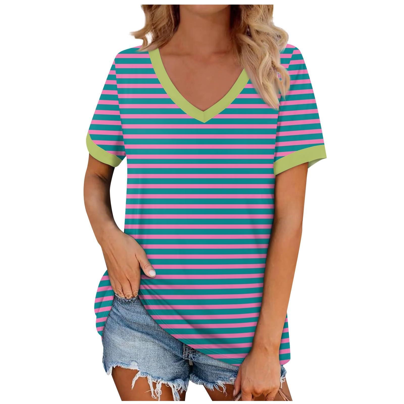 EkiregaiiSummer Tops for Women UK Short Sleeve V Neck T Shirt Colorblock Shirt Plus Size Womens Blouse Loose Soft Basic Tees Breathable Undershirt Sports Beach Gym Elegant Pullover