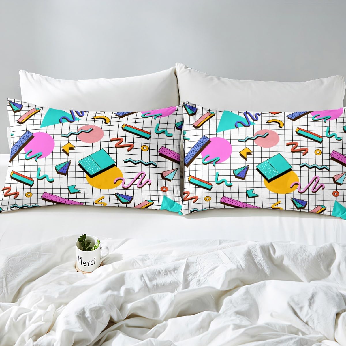 Memphis Fitted Sheet King Size, Retro 80s or 90s Geometric Fashion Style Bed Cover with 2 Pillowcases - Image 4