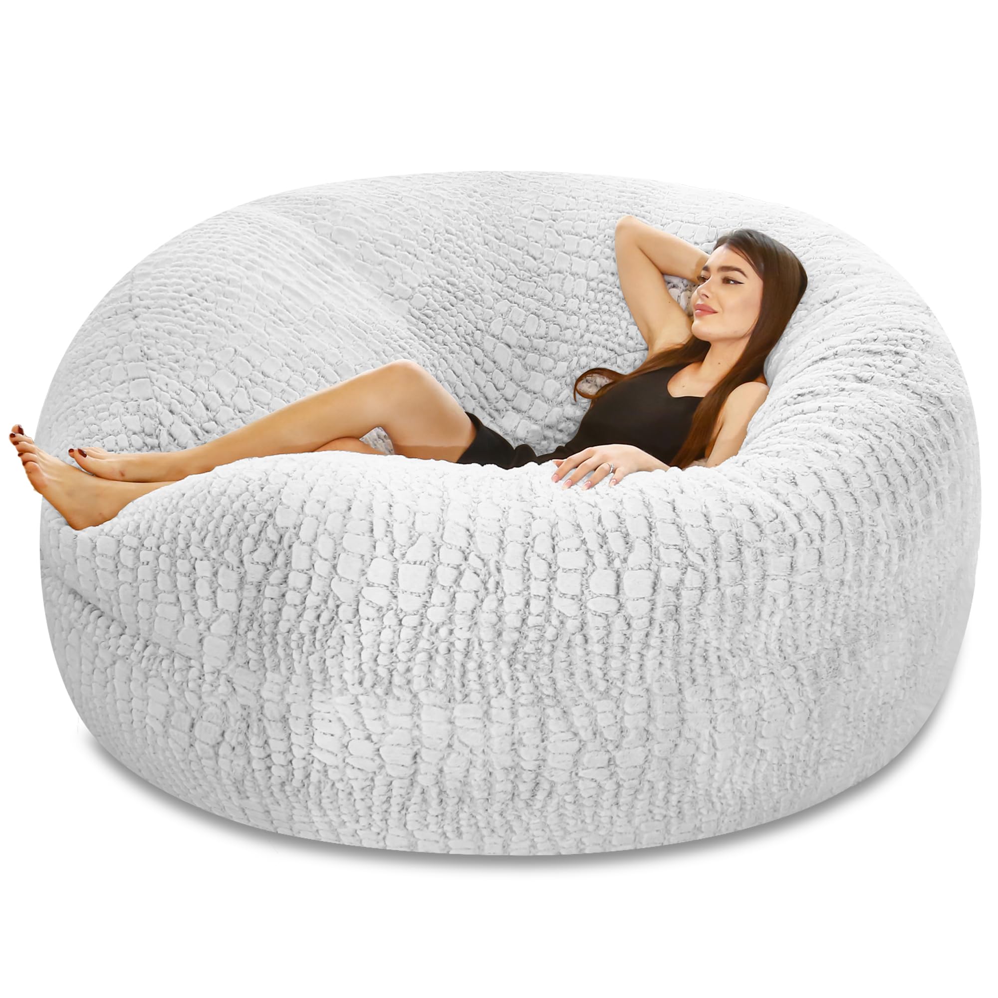 Bean Bag Chairs Cover with Not Filler, Comfy Fluffy Croc-print Fluff Bean Bag Sofa Cover,Giant Bean Bag Chair Cover for Adults/Teens for Living Room Bedroom Decoration (snow black,7ft)
