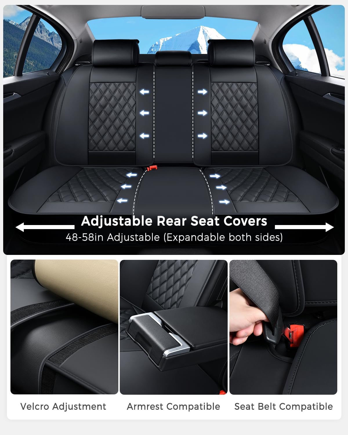 Huidasource Car Seat Cover, Nappa Leather Seat Covers, Velcro Adjustable, Compatible with Airbags, Armrests, Child Seat, Seat Belts, Universal Fit for Most Cars, Vans, Trucks, SUVs (Full Set/Black)