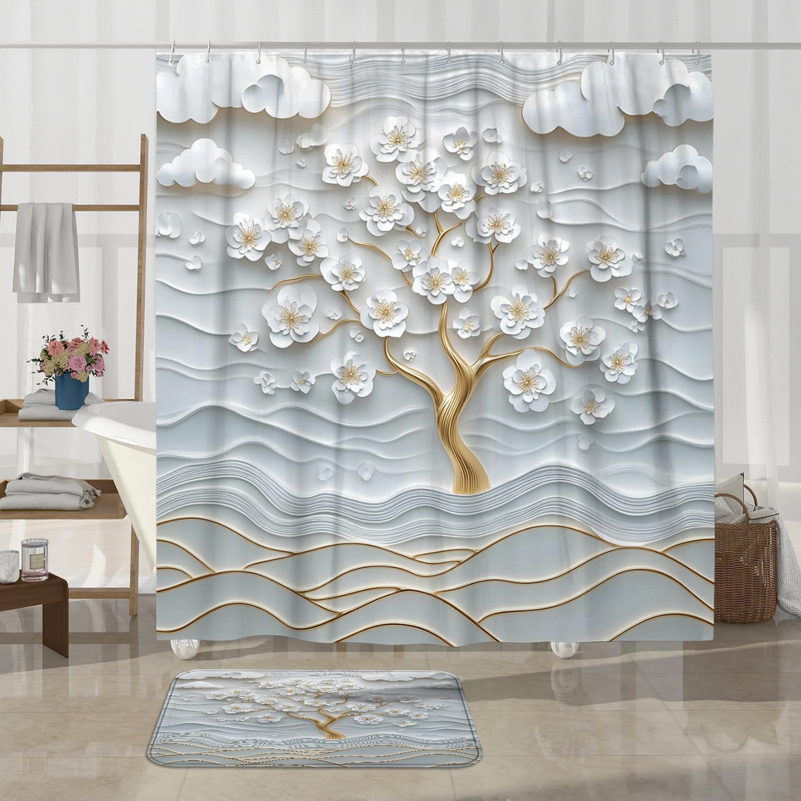 Juego de 4 accesorios de baño de árbol de chinoiserie blanco con alfombra antideslizante, en forma de U y cubierta de tapa de inodoro, decoración de tela de baño china japonesa 3D, 72 x 72 pulgadas