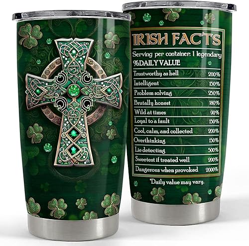 SANDJEST Vaso irlandés de 20 onzas, hechos irlandeses, cruz celta, vaso de acero inoxidable con tapa, regalo para mujeres, cumpleaños, Navidad