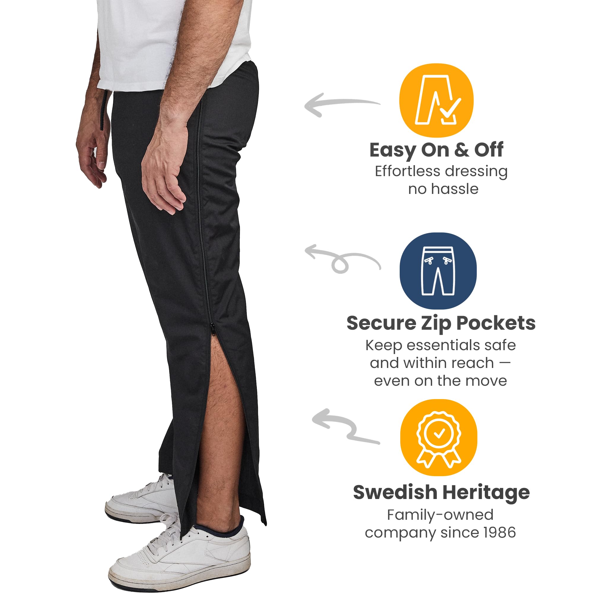 Dobsom Saltö - Pantaloni adattivi per uomo e donna, con cerniere lunghe staccabili, design completamente aperto, ideali post-operatorio, rimovibili, strappo, pantaloni medici per riabilitazione