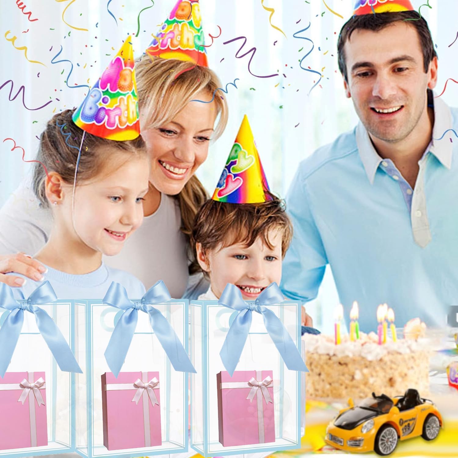12 przezroczystych torebek prezentowych z PCW z uchwytami, plastikowe torebki na imprezę, z taśmą, wielokrotnego użytku, na wesele, dla panny młodej, baby shower, urodziny (jasnoniebieskie, 15 x 24 x