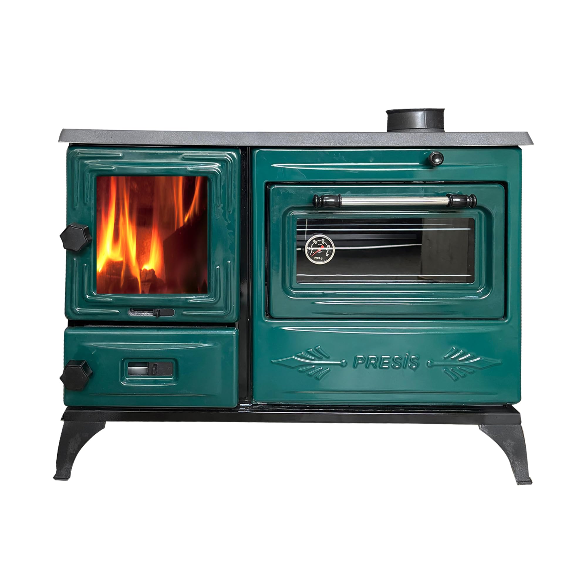 Cast Iron Decorative Oven Stove Fireplace Accessory, Built-in Thermometer, for Indoor and Outdoor Ambience and Baking Vintage Style, Brick Interior, Home Accent Heating Made in Turkiye (Green)