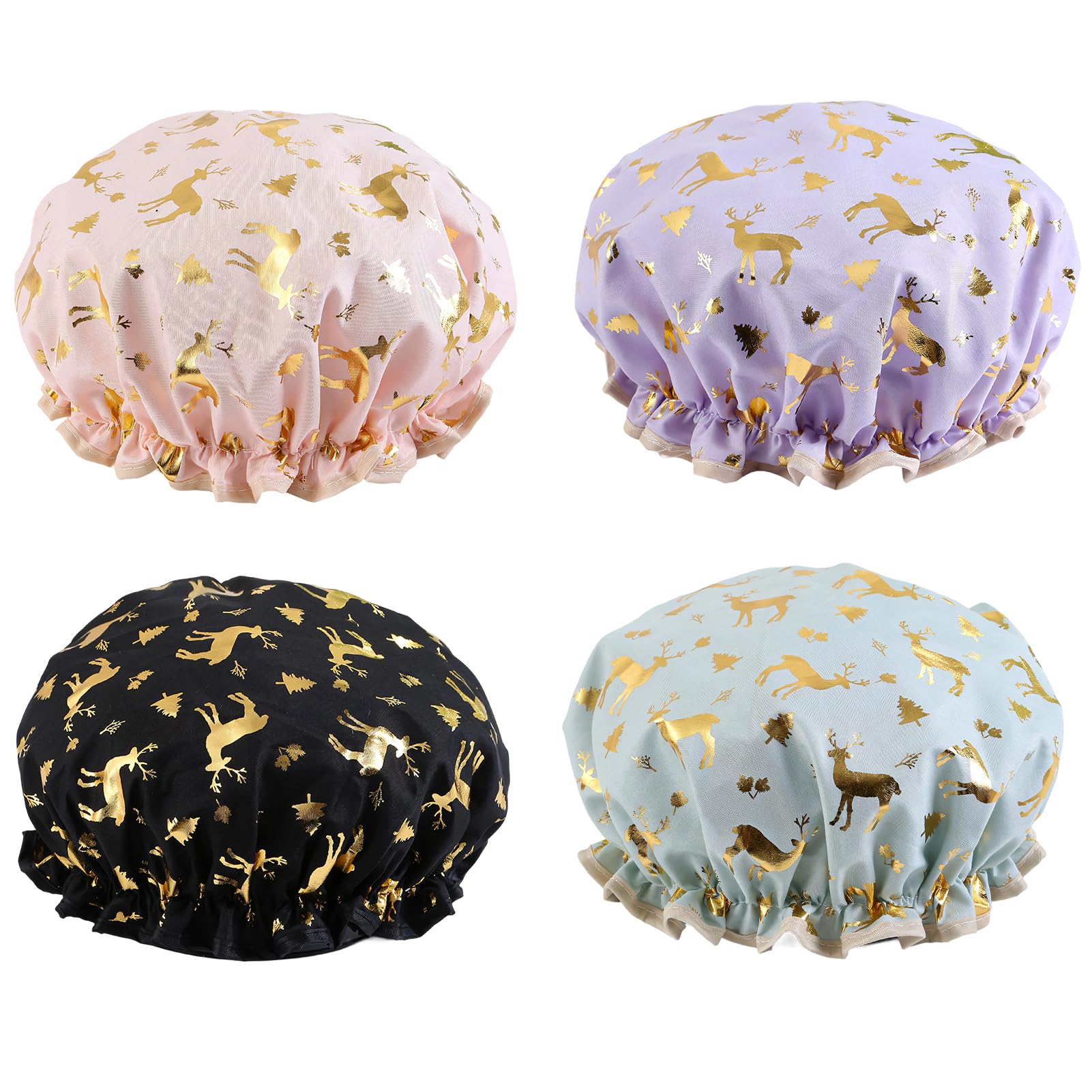 Lotnery 4Pcs Shower Caps for Women & Girls, Double Layer Waterproof Bath Cap with Ruffled Edge Covering Ears