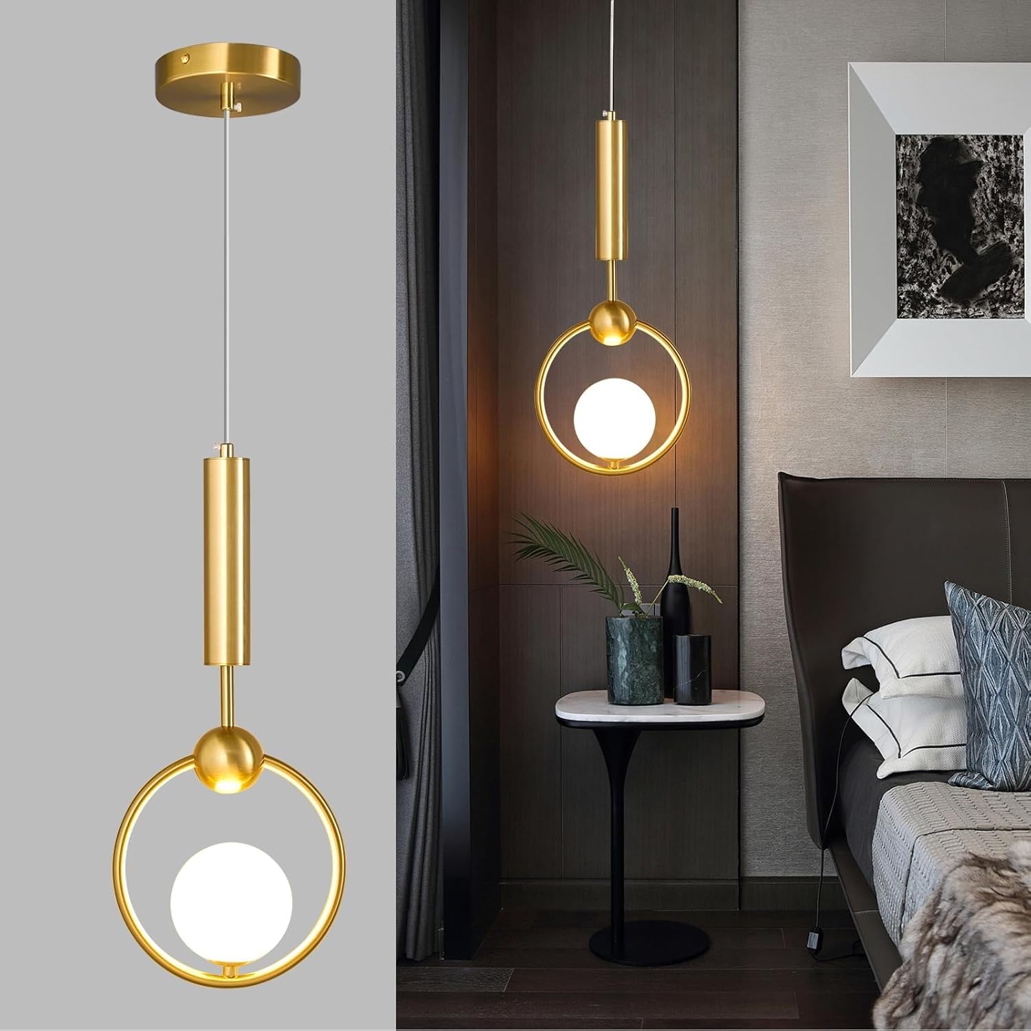 Stesulfr Modern spherical glass Pendant Light bedside pendant lamp simple gold chandelier mid-century Hanging Lamp with adjustable height for kitchen island dining room bedroom entry hallway(A Style)